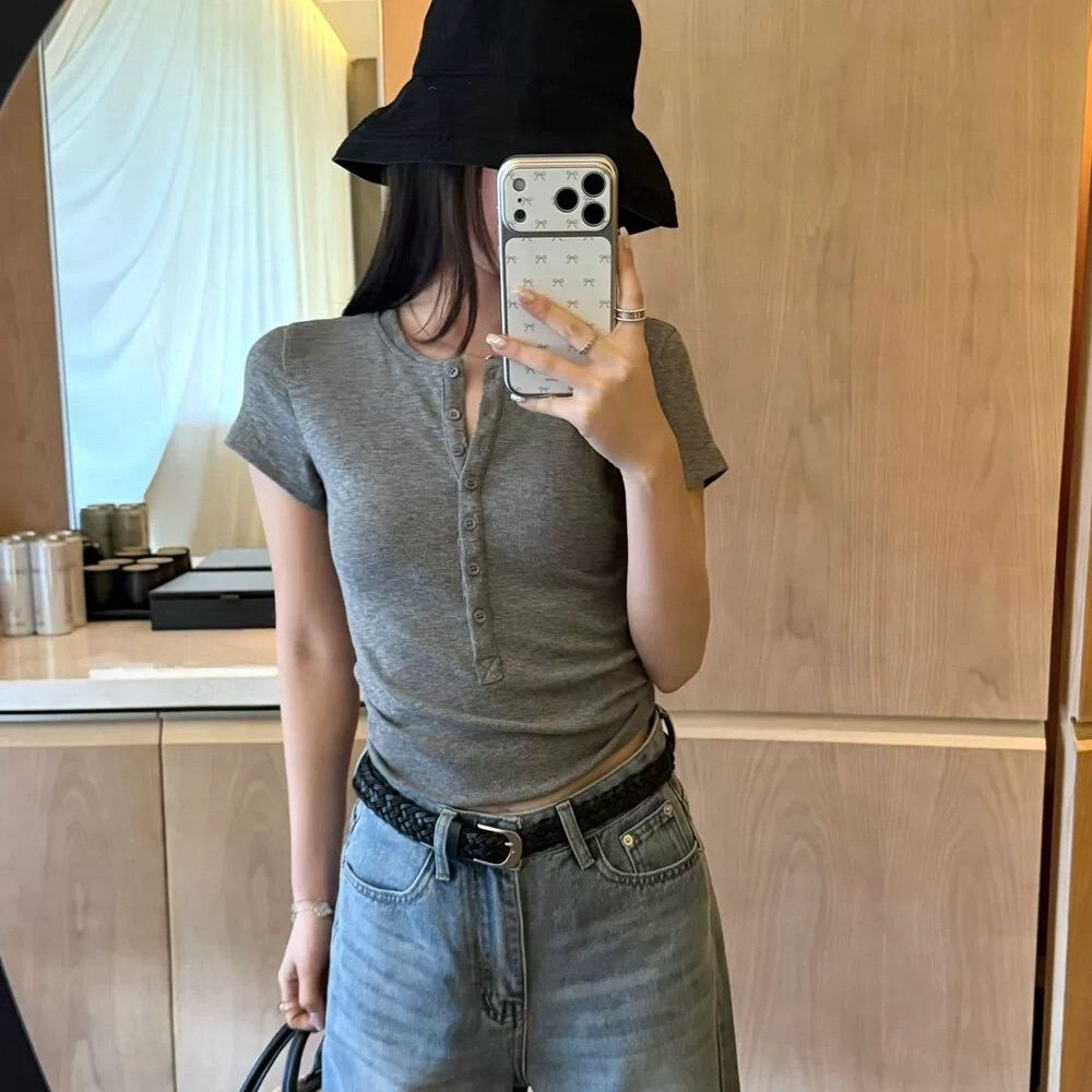 Women's Short-Sleeved Button Placket T-Shirt – Casual Slim Fit Top
