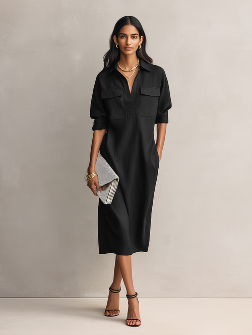 Women's Elegant Black Cotton-linen Blend Shirt Collar Short-sleeved Midi Dress