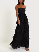 Women's Strapless Ruched Tiered Maxi Occasion Dress – Elegant Evening Dress