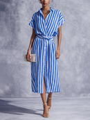 Women's Blue And White Striped Cotton Linen Wrap Shirt Midi Dress