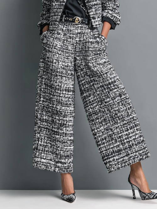 Women's Tweed Blend Single-Breasted Cropped Jacket And Wide-Leg Pants Set MDA2589H6Y