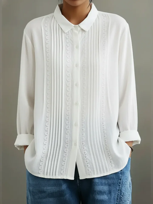 Women's White Pintuck Lace-Trim Longsleeve Shirt – Elegant Feminine Top