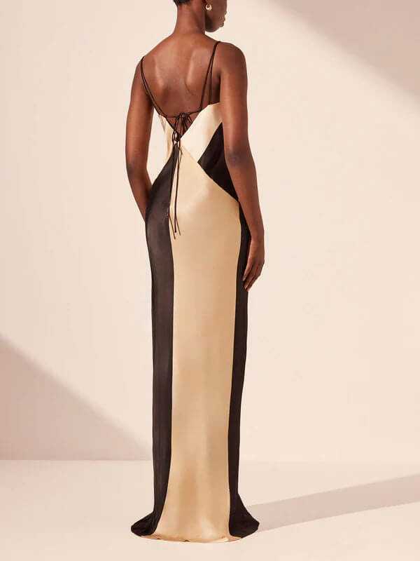 Women's Contrasting Satin V-Neck Double Strap Maxi Dress – Elegant Evening Gown