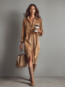 Women's Loose Corduroy Double Chest Pocket Single Breasted Midi Dress