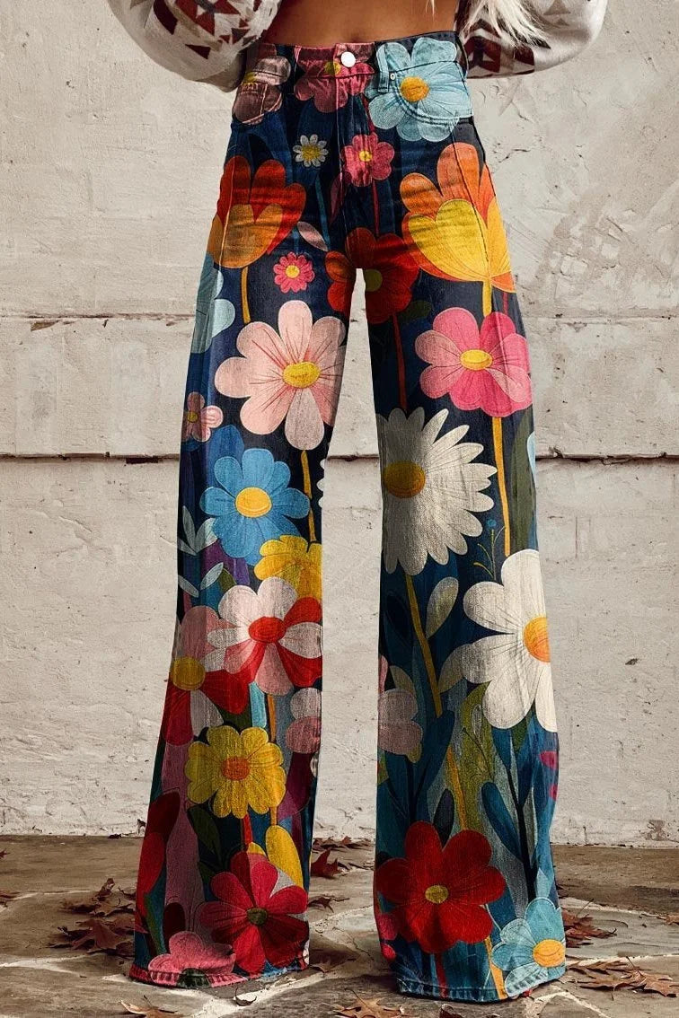 Women's Wide-Leg Printed Jeans – Flared Statement Denim Trousers