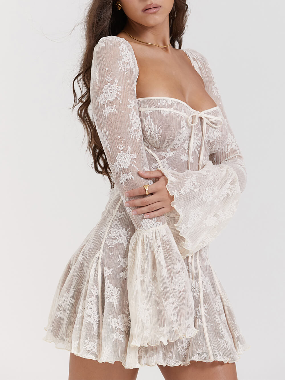 Women's Square-Neck Corset Lace Mini Dress – Long-Sleeve Elegant Fit