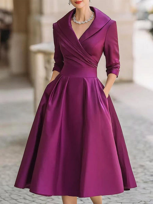 Women's Satin V-Neck Midi Dress – Long Sleeve Elegant Collared Dress
