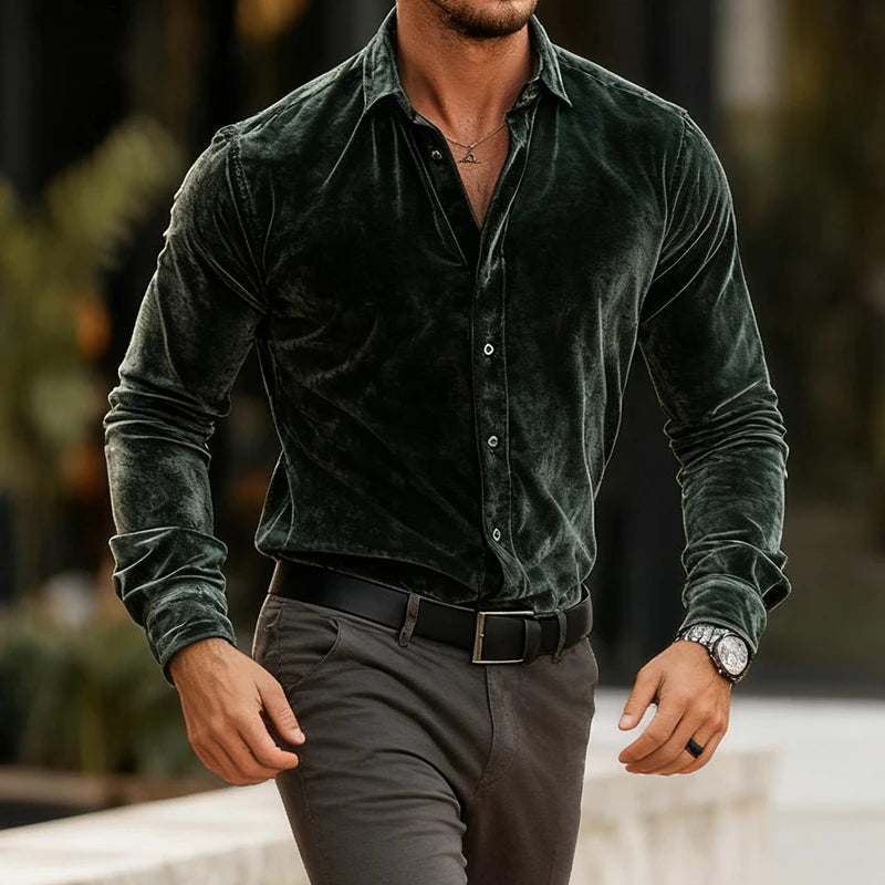 Men's Buttoned Down Long Sleeve Fitted Velvet Shirt – Luxury Dress Shirt