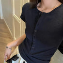 Women's Short-Sleeved Button Placket T-Shirt – Casual Slim Fit Top