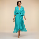 Women's Elegant V-Neck Chiffon Flared Midi Dress with Belt - Perfect Wedding Guest Dress