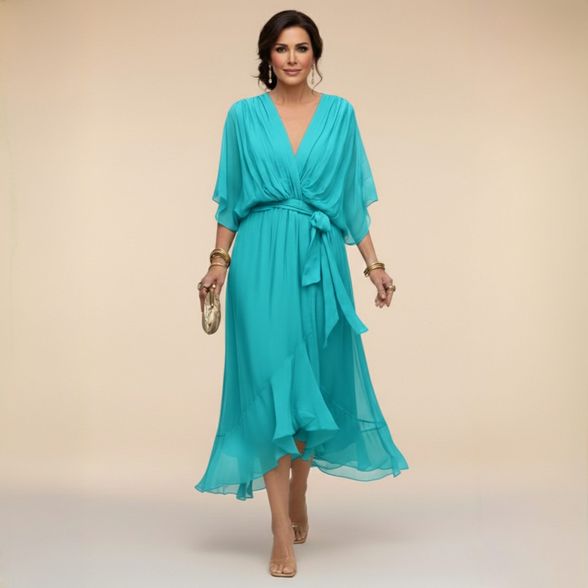 Women's Elegant V-Neck Chiffon Flared Midi Dress with Belt - Perfect Wedding Guest Dress