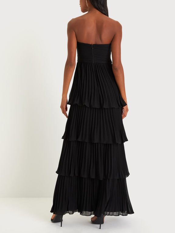 Women's Strapless Ruched Tiered Maxi Occasion Dress – Elegant Evening Dress