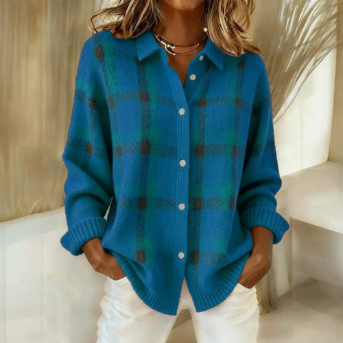 Women’s Loose Fit Buttoned Knit Cardigan - Stylish Check Pattern Design
