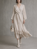 Women's Beige Cotton Blend Long-Sleeve Ruffled Wrap Midi Dress