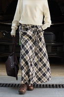 Asymmetric Color Block Plaid Midi Skirt