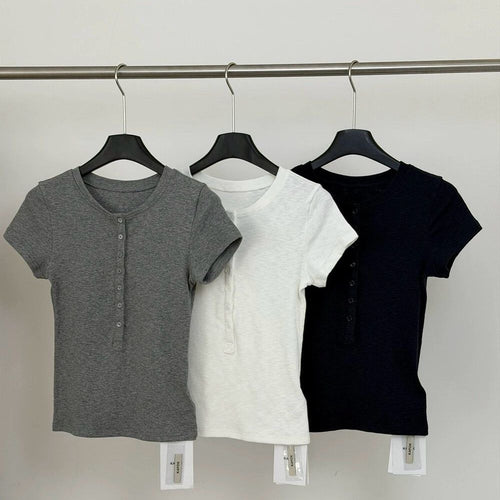 Women's Short-Sleeved Button Placket T-Shirt – Casual Slim Fit Top