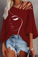 Women's Printed Oversized T-Shirt – Casual Slanted Collar Graphic Top