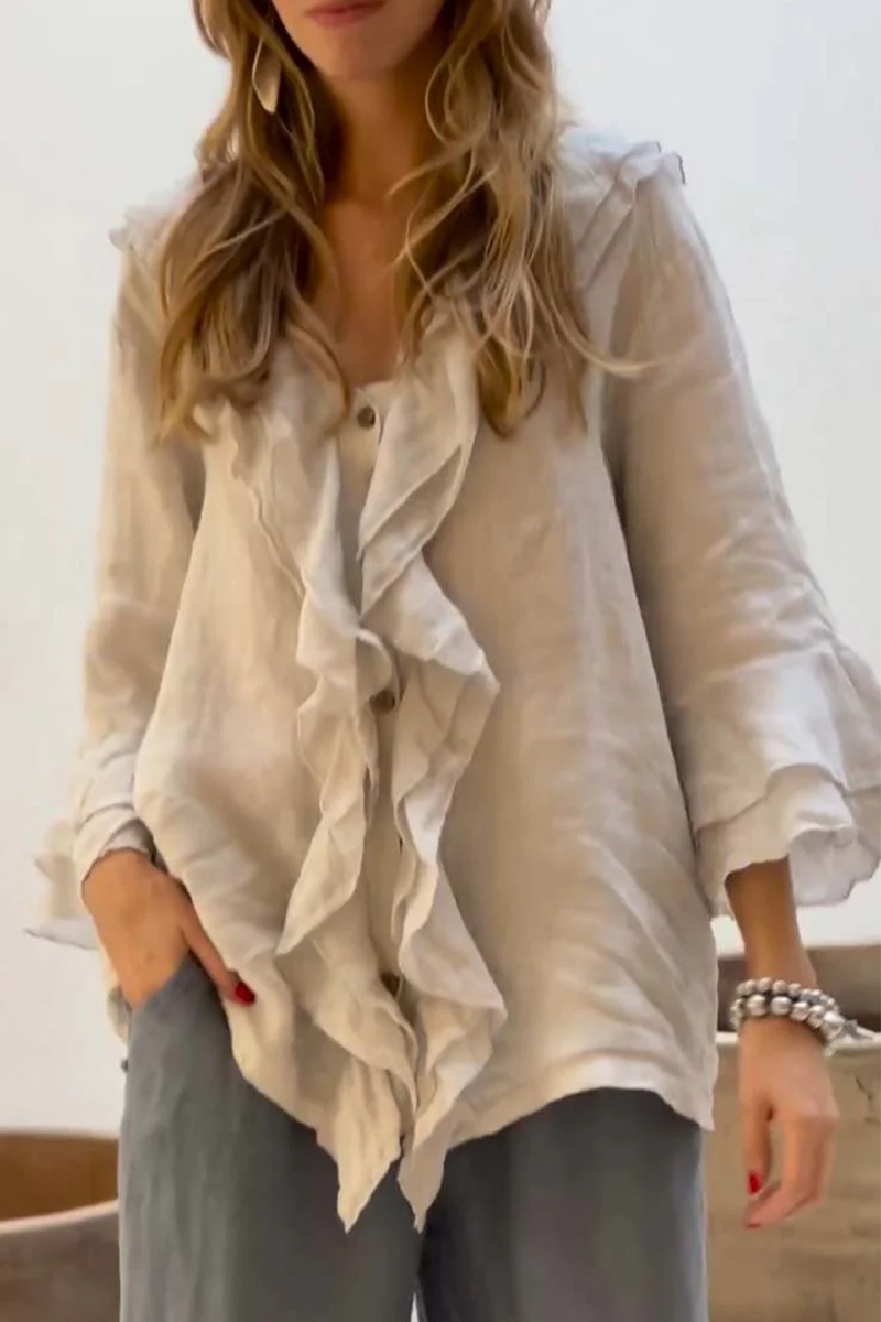 Women's Solid Color Ruffle Blouse – V-Neck Everyday Casual Top