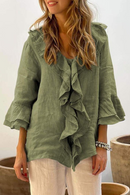 Women's Solid Color Ruffle Blouse – V-Neck Everyday Casual Top