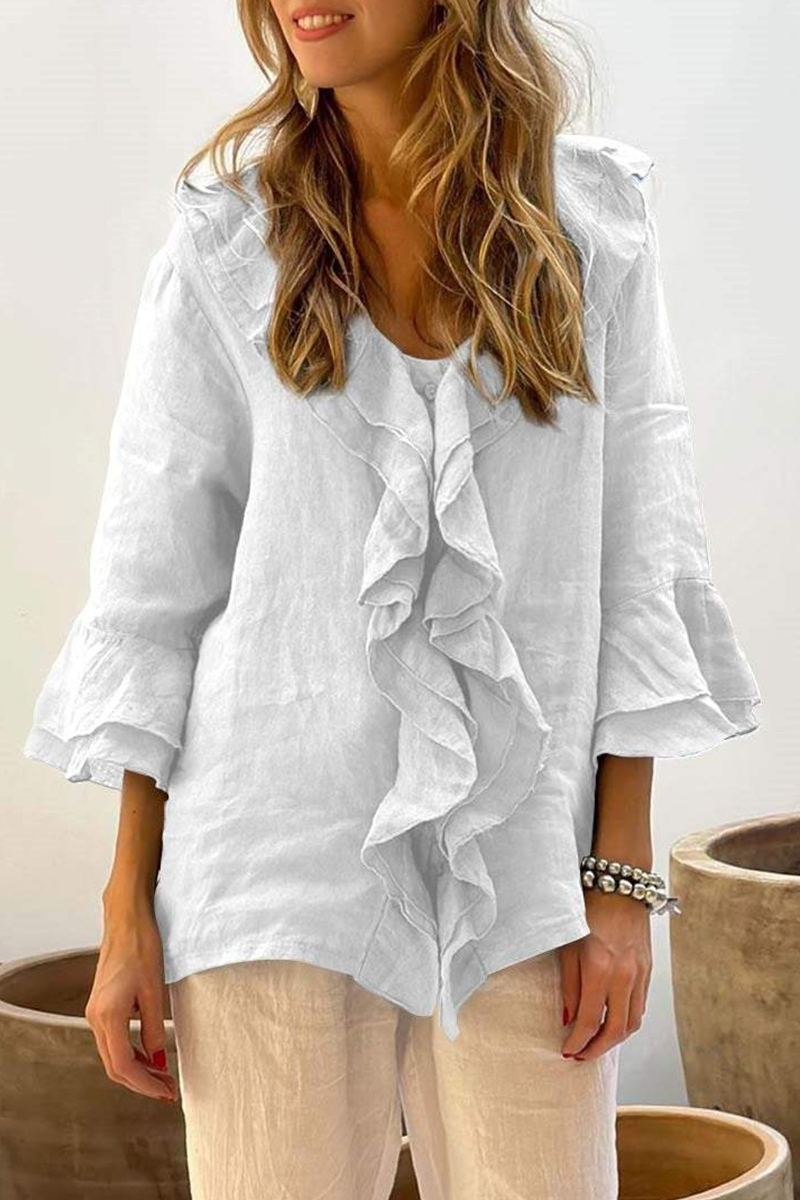 Women's Solid Color Ruffle Blouse – V-Neck Everyday Casual Top