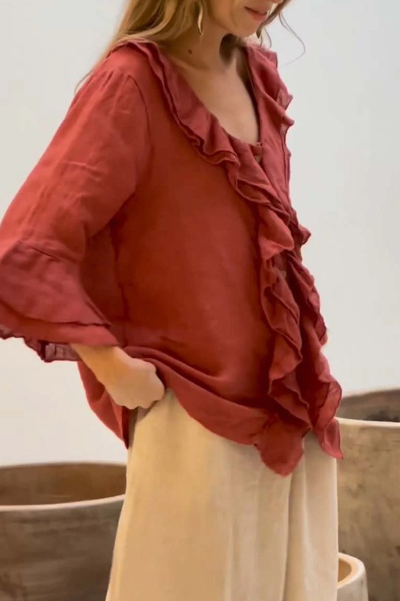 Women's Solid Color Ruffle Blouse – V-Neck Everyday Casual Top