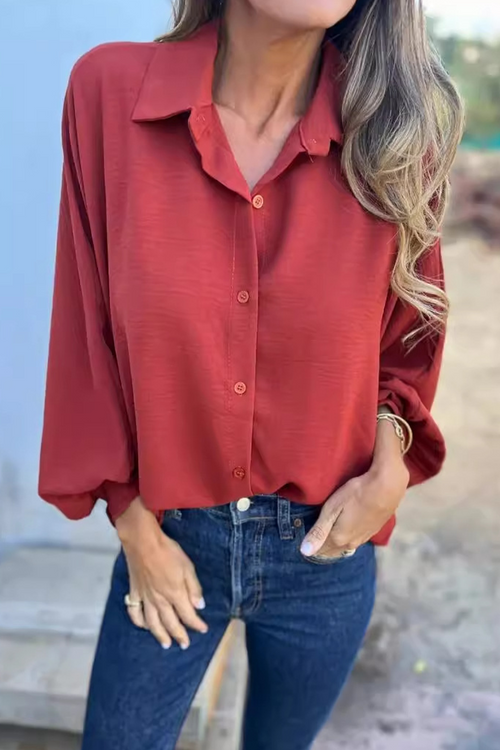 Women's Relaxed Button-Up Blouse – Puff Long Sleeve Collared Shirt