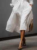 Women's White Linen Dress With Shirt Collar & Elastic Waist, Timeless Effortless-Chic Style Dress