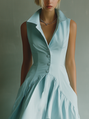 Women's Sky Blue Cotton Blend Sleeveless Dress With Collared Neckline & Flared Skirt