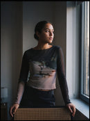 Abstract Print Black Mesh Long Sleeve Sheer Top