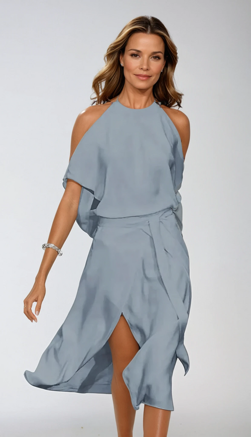 Women's White Halter Neck Midi Dress – Asymmetrical Flowing Hem