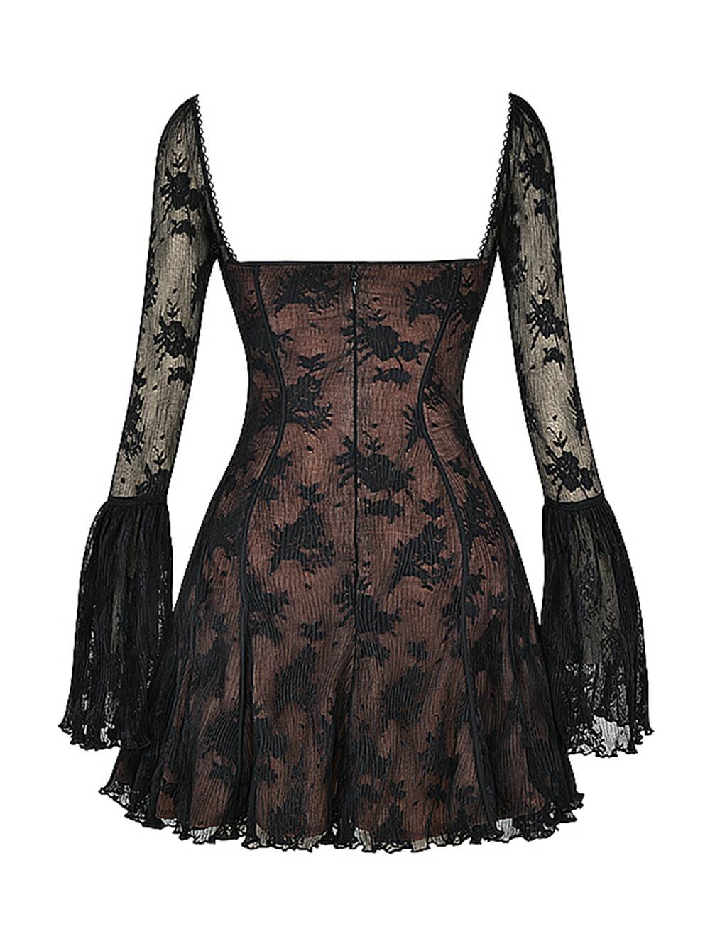 Women's Square-Neck Corset Lace Mini Dress – Long-Sleeve Elegant Fit