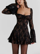 Women's Square-Neck Corset Lace Mini Dress – Long-Sleeve Elegant Fit