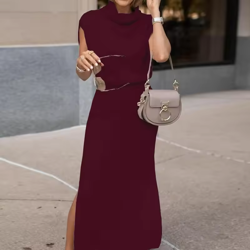 Women's Cowl Neck Midi Sweater Dress – Waisted Side Slit Knit Gown