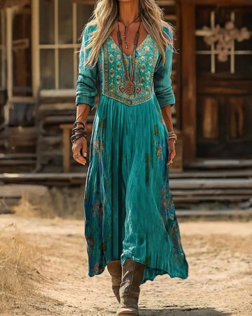 Women's Boho Floral Long Sleeve Dress – Vintage Print Maxi Dress – Whitmorelane