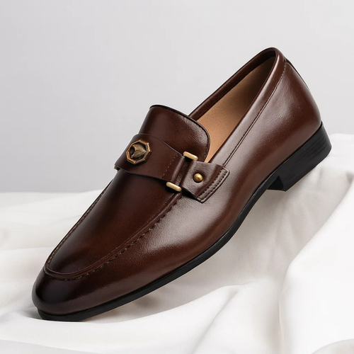 Men’s Blue Leather Loafers With Metal Accent – Elegant Slip-On Shoes