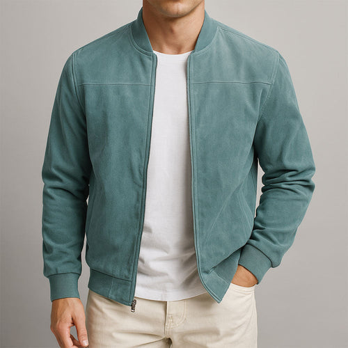 Men's Suede Zip-Up Long Sleeve Jacket – Casual Slim Fit Coat