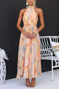 Women's Elegant Halter Neck Watercolour Maxi Dress - Summer Flowy Gown