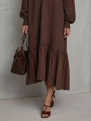 Women's Brown Ribbed Knit V-Neck Long Sleeve Pleated Hem Midi Dress