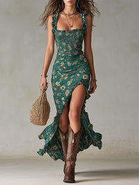 Women's Boho Ruffled Sleeve Maxi Dress – High Slit Summer Dress