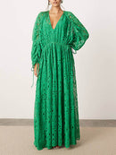 Women's V-Neck Oversize Maxi Lace Dress With Gathered Waist – Elegant Flow Dress