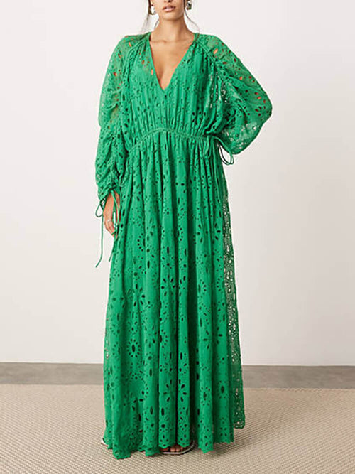 Women's V-Neck Oversize Maxi Lace Dress With Gathered Waist – Elegant Flow Dress