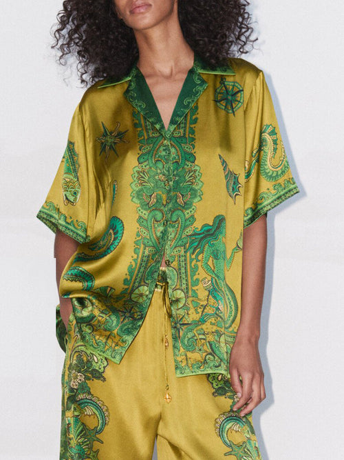 Women's Unique Floral Print Button Down Loose Satin Shirt – Elegant Blouse
