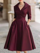 Women's Satin V-Neck Midi Dress – Long Sleeve Elegant Collared Dress