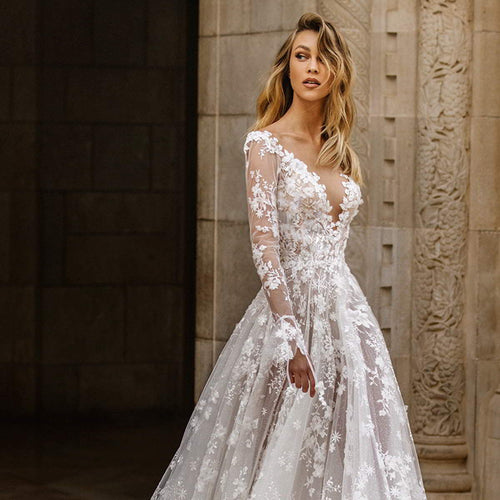 Women's Elegant Deep V-Neck Wedding Dress With Floral Lace Appliqués – Romantic Bridal Gown