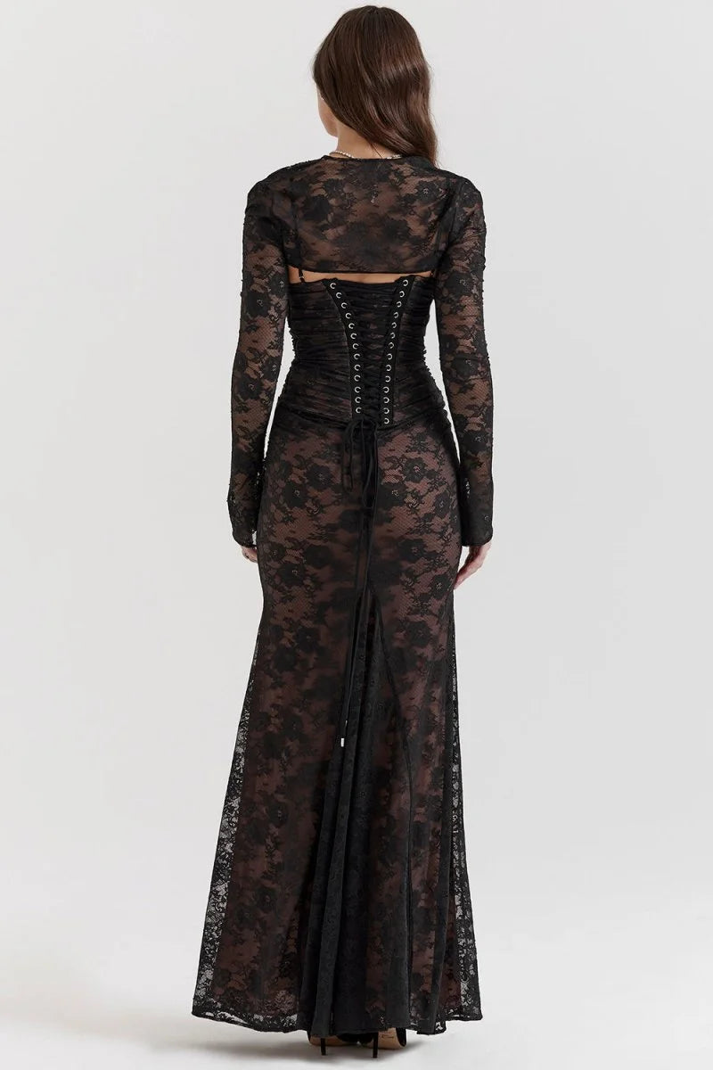 Women's Lace Bodycon Maxi Dress Set – Long Sleeve Cropped Jacket