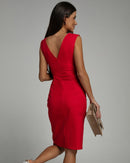 Women’s V-Neck Fitted Office Dress - Short Sleeve Slit Pencil Style