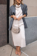 Women's Cowl Neck Midi Sweater Dress – Waisted Side Slit Knit Gown