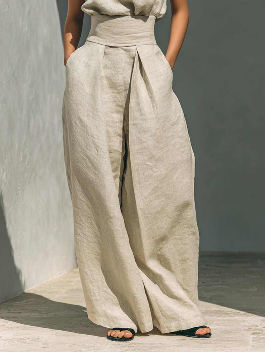 Women’s Linen Two Piece Set - Turtleneck Top Wide Leg Pants
