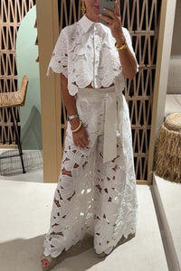 Women's Lace Blouse And Wide Leg Pants Set – Elegant Casual Outfit