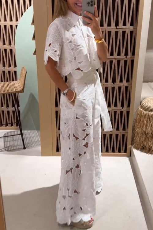 Women's Lace Blouse And Wide Leg Pants Set – Elegant Casual Outfit